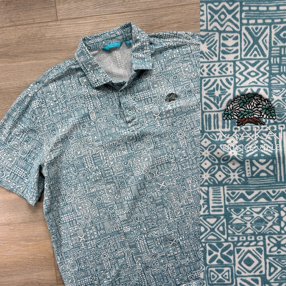 Tori Richard Men XL Princeville Makai Golf Club Blue Hawaiian Shirt Tribal AOP